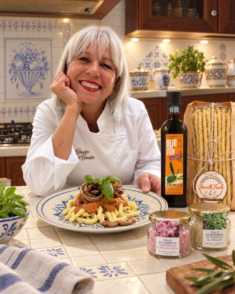 Mariella Triolo nella sua cucina con i prodotti Gusto & Gusto (Olio Affumicato, Sali e Busiate)